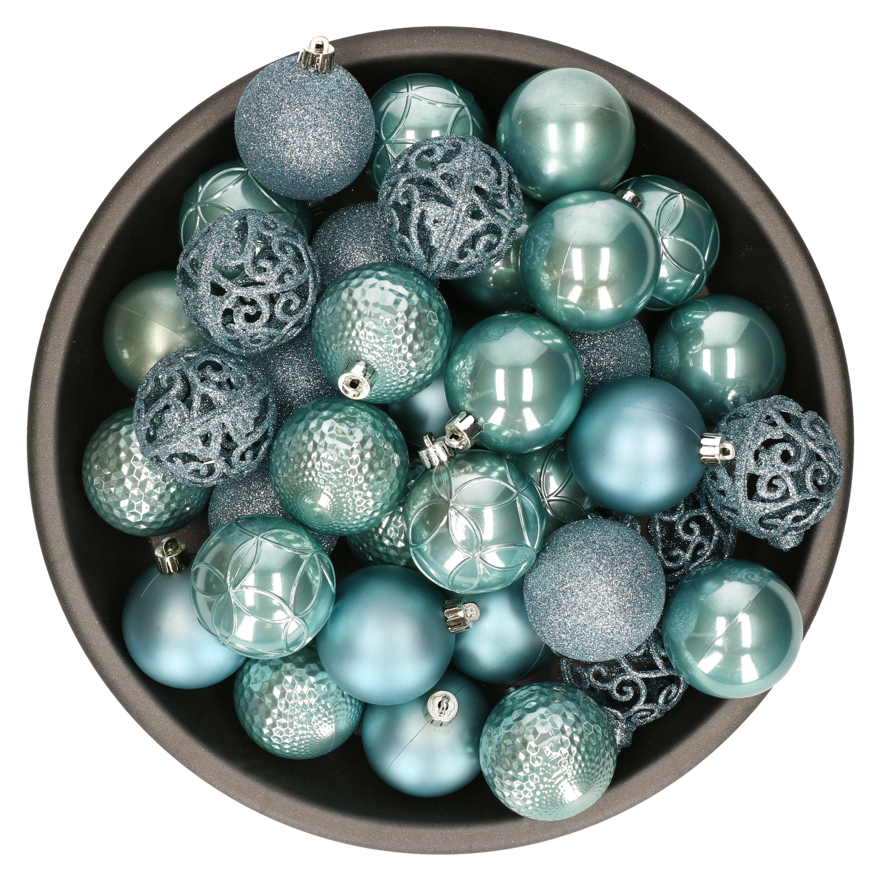 37x stuks kunststof kerstballen ijsblauw (arctic blue) 6 cm glans-mat-glitter mix