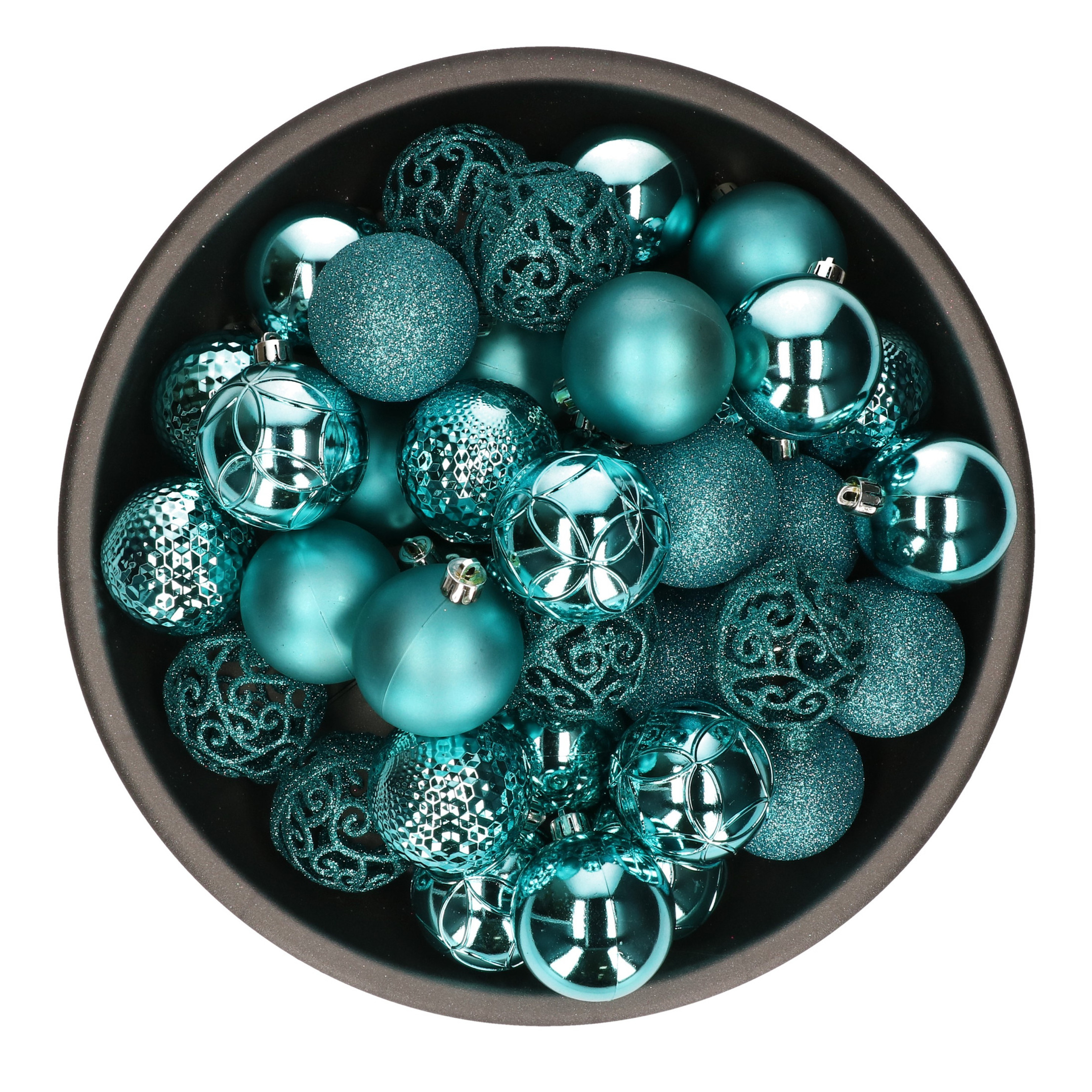 37x stuks kunststof kerstballen turquoise blauw 6 cm glans-mat-glitter mix