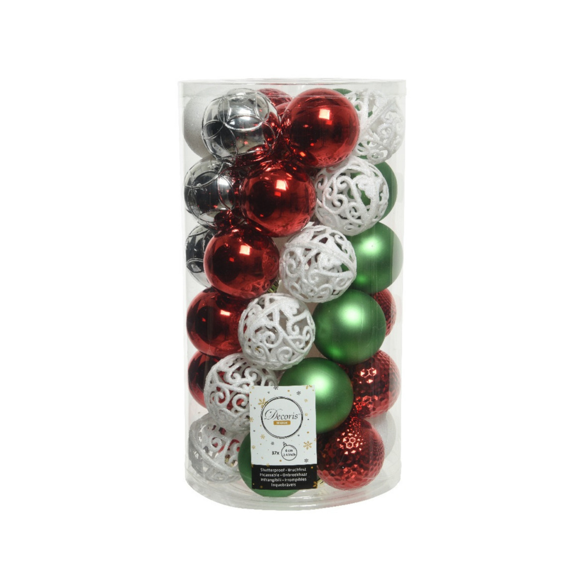 37x stuks kunststof kerstballen wit-rood-groen-zilver mix 6 cm