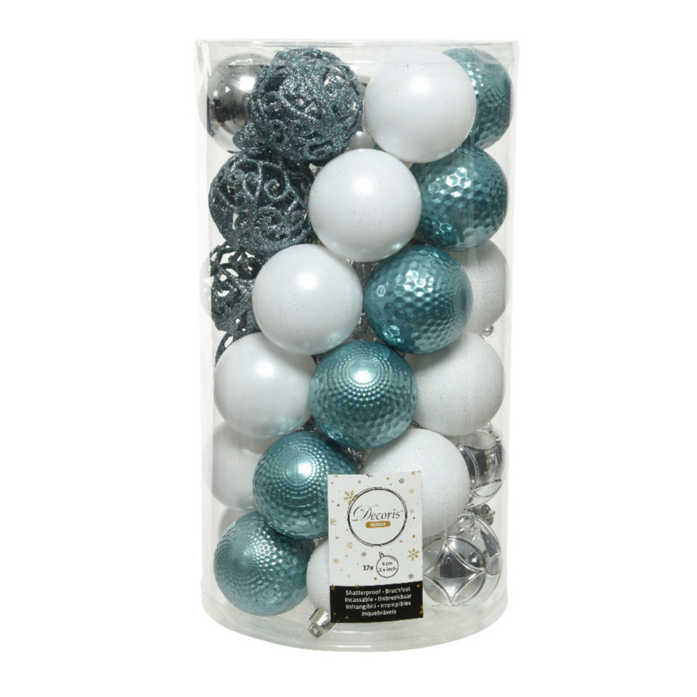 37x stuks kunststof kerstballen zilver-wit-ijsblauw (blue dawn) 6 cm