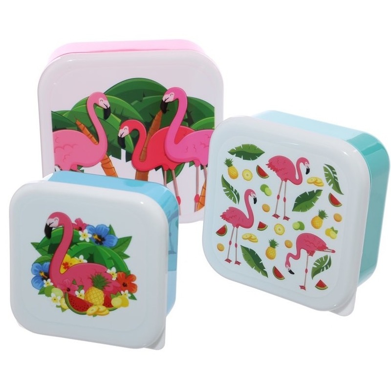 3x Broodtrommel-lunchbox tropische flamingo print