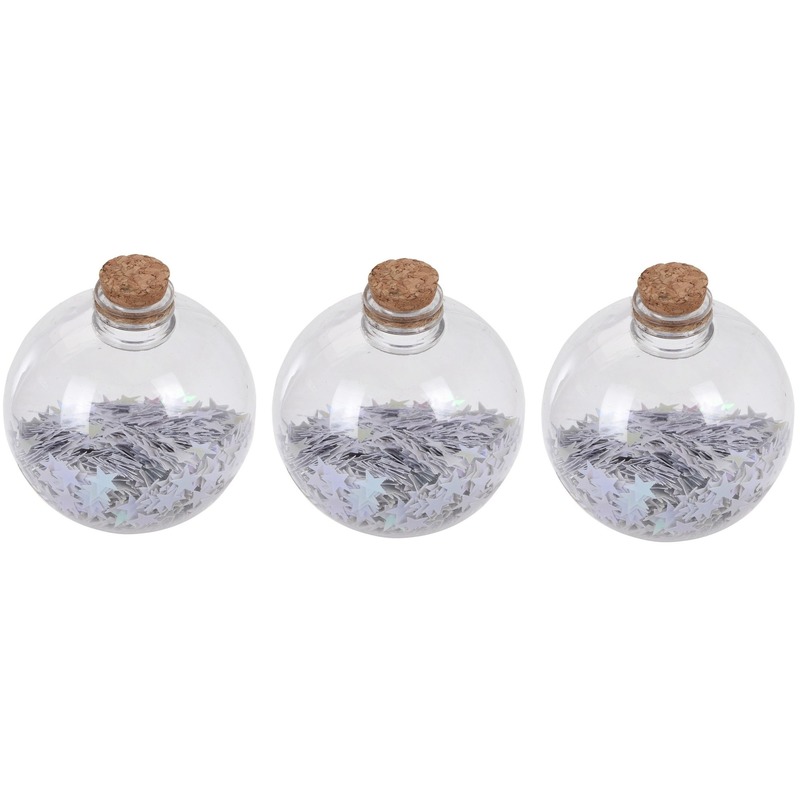 3x Doorzichtige fles kerstballen 8 cm sterretjes wit kunststof kerstversiering