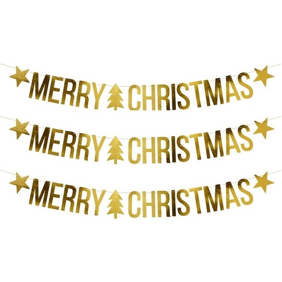 3x Gouden Merry Christmas kerst decoraties vlaggenlijnen-slingers 175 cm