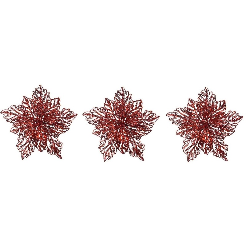 3x Kerstbloem versiering rode glitter kerstster-poinsettia op clip 23 x 10 cm