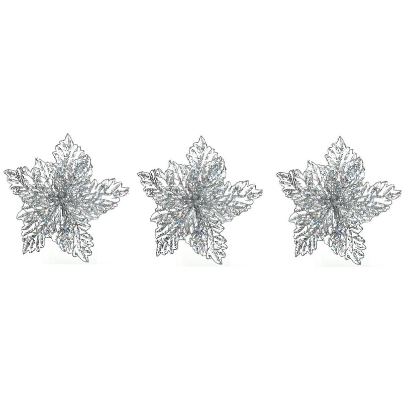 3x Kerstbloem versiering zilveren glitter kerstster-poinsettia op clip 23 x 10 cm