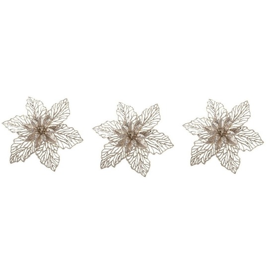 3x Kerstbloemen versiering beige glitter kerstster-poinsettia op clip 17 cm