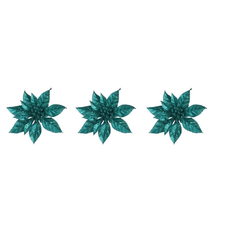 3x Kerstbloemen versiering emerald groene glitter kerstster-poinsettia op clip 15 cm