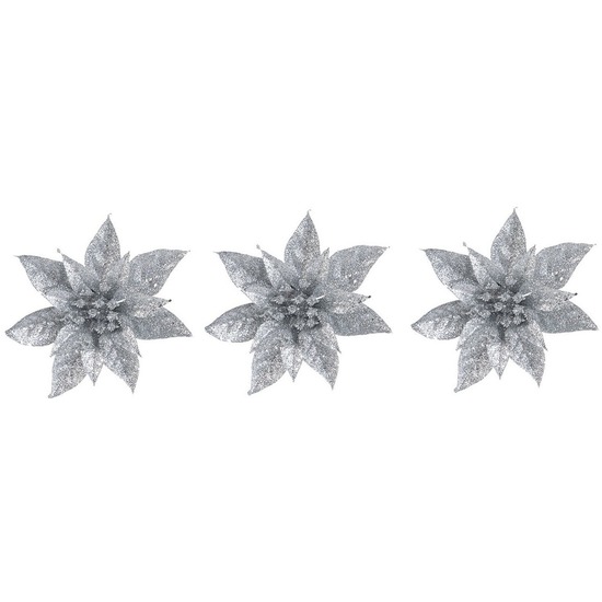 3x Kerstbloemen versiering zilveren glitter kerstster-poinsettia op clip 15 cm
