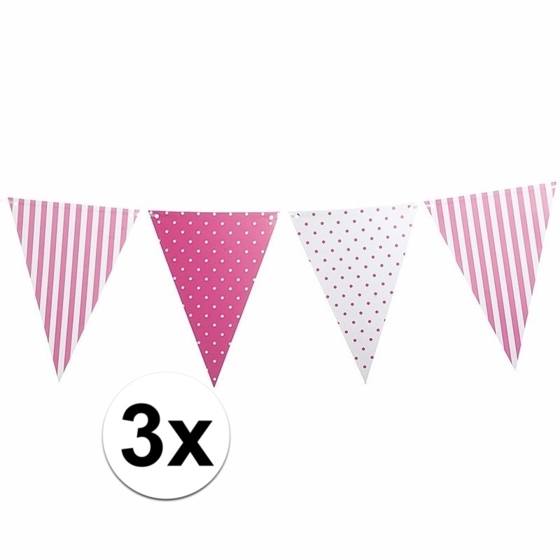 3x Roze feest vlaggenlijn met stippen