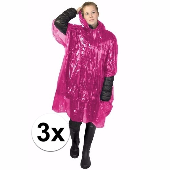 3x roze regen ponchos voor volwassenen