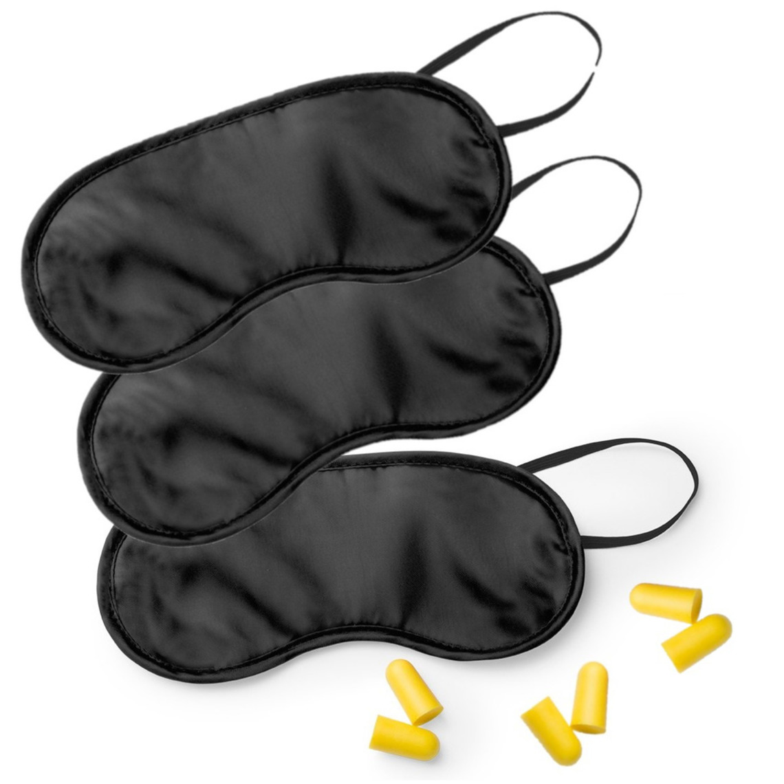 3x Slaapmaskers zwart met gele oordoppen