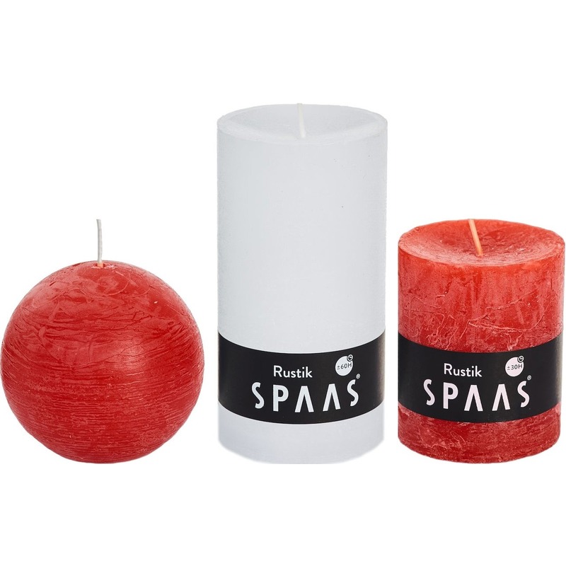 3x Witte-rode woondecoratie kaarsen set rustiek rond 8 cm en stomp-cilinder 7 x 8 cm-7 x 13 cm