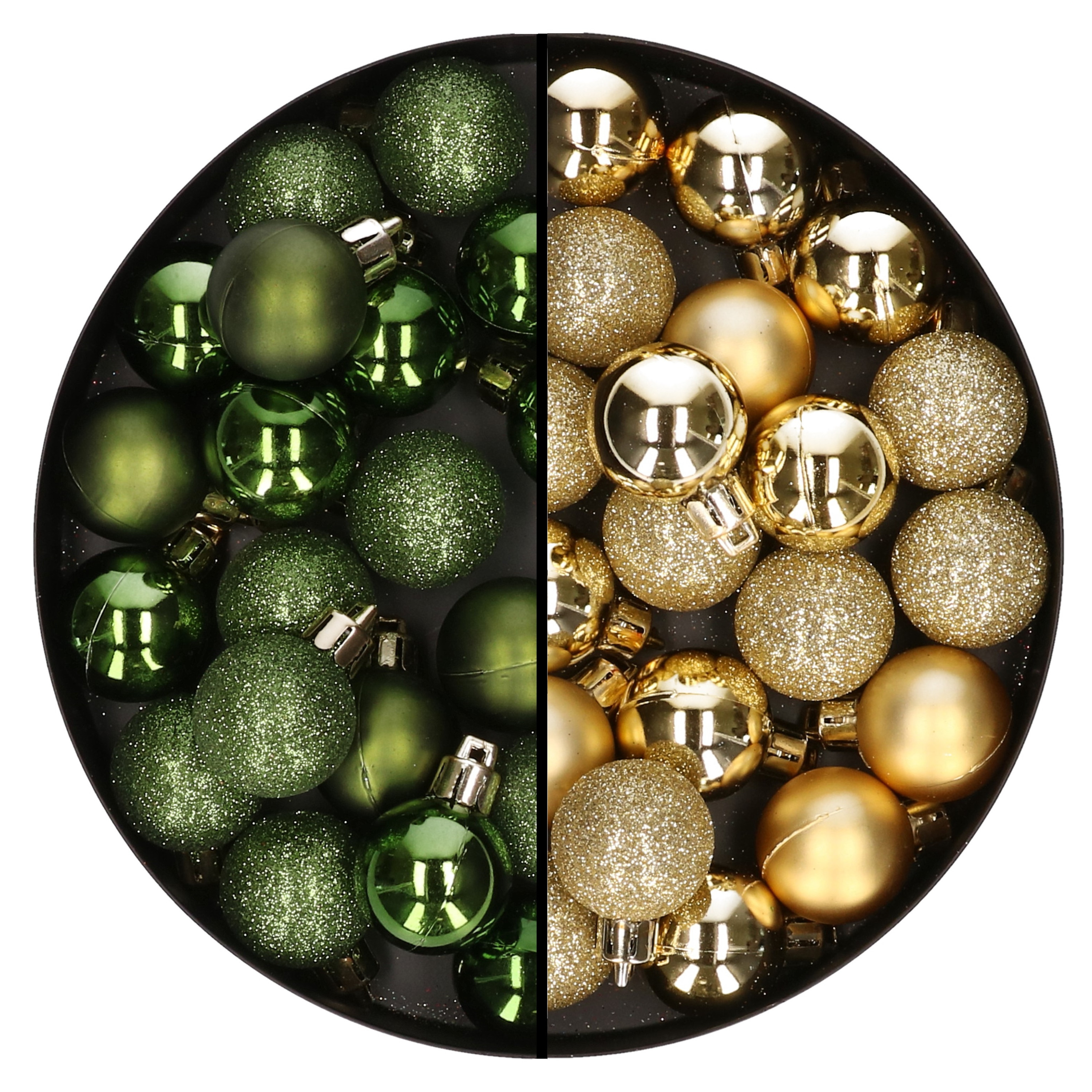 40x stuks kleine kunststof kerstballen groen en goud 3 cm