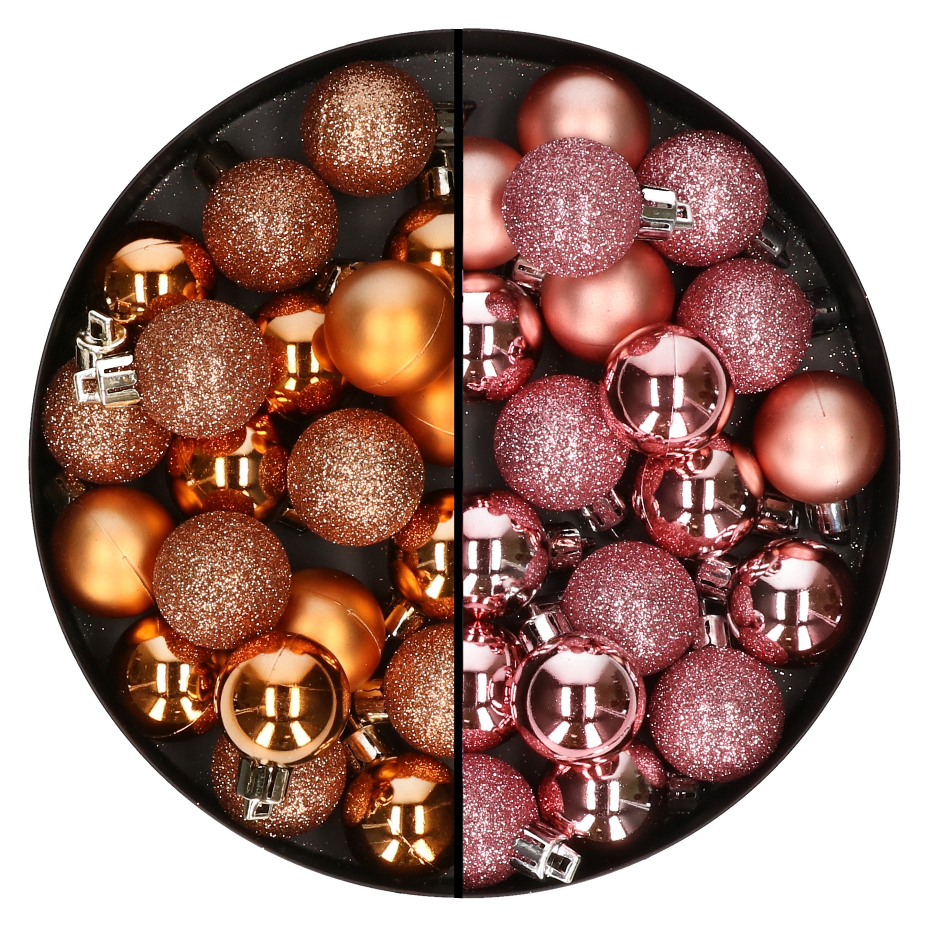 40x stuks kleine kunststof kerstballen koper en roze 3 cm