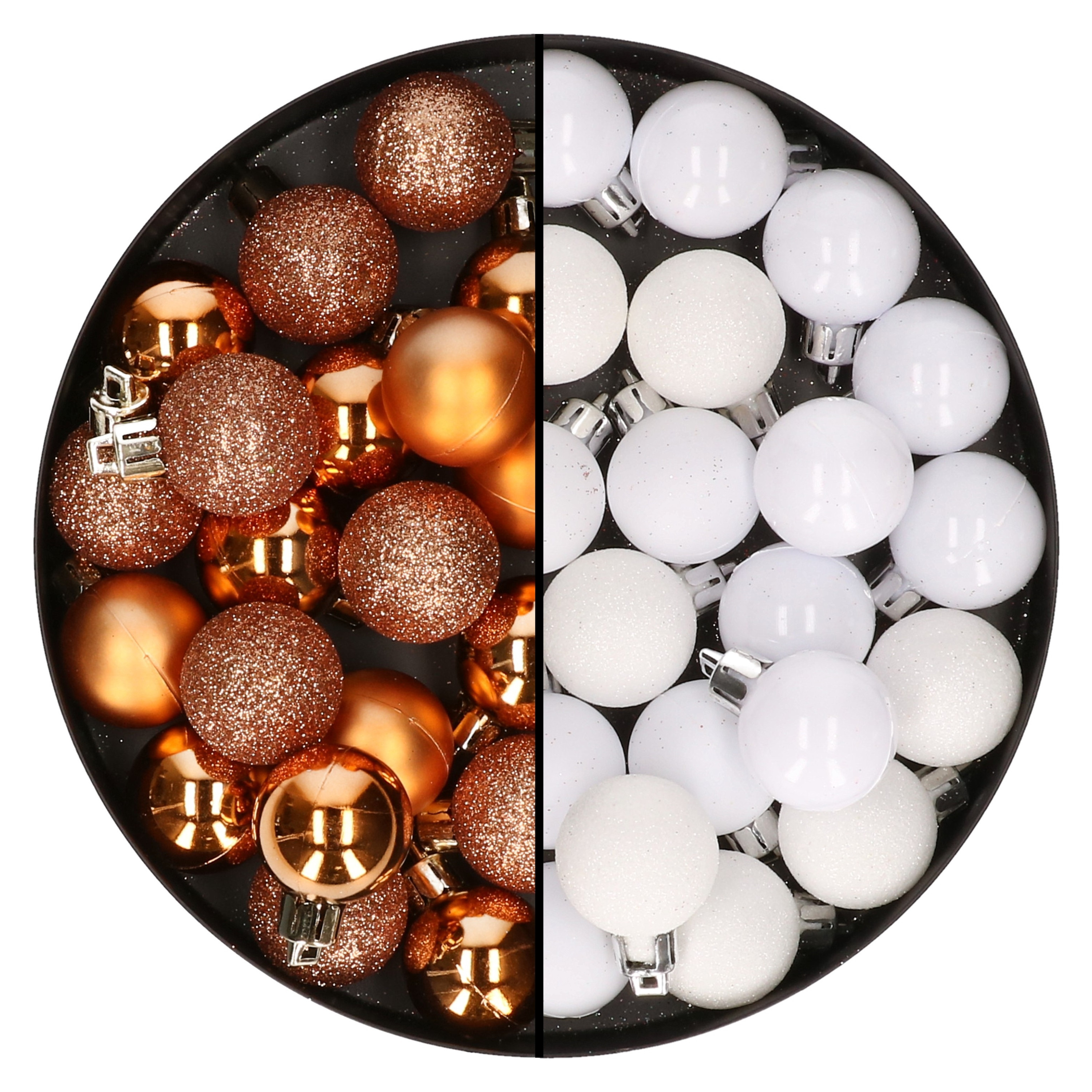 40x stuks kleine kunststof kerstballen koper en wit 3 cm