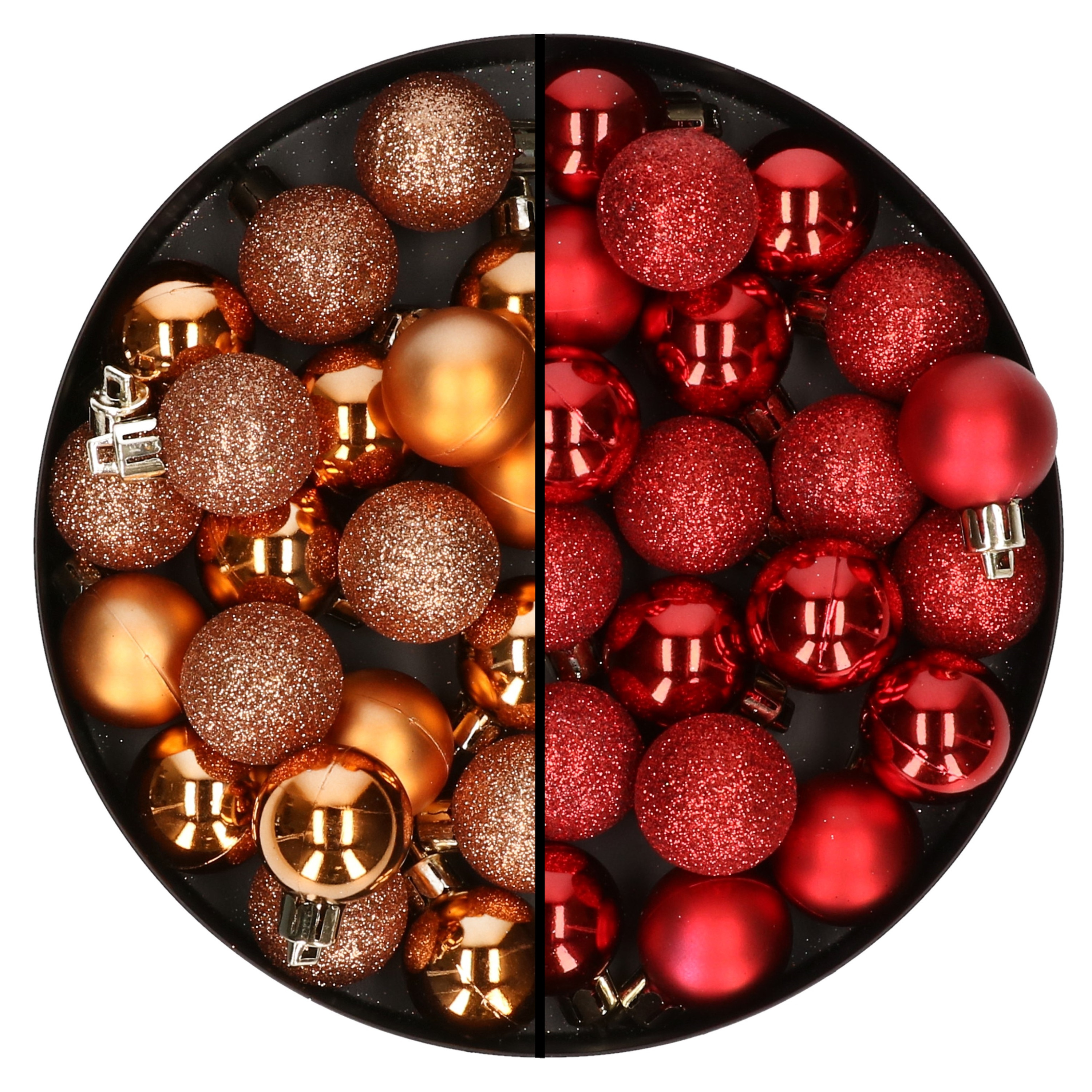 40x stuks kleine kunststof kerstballen rood en koper 3 cm