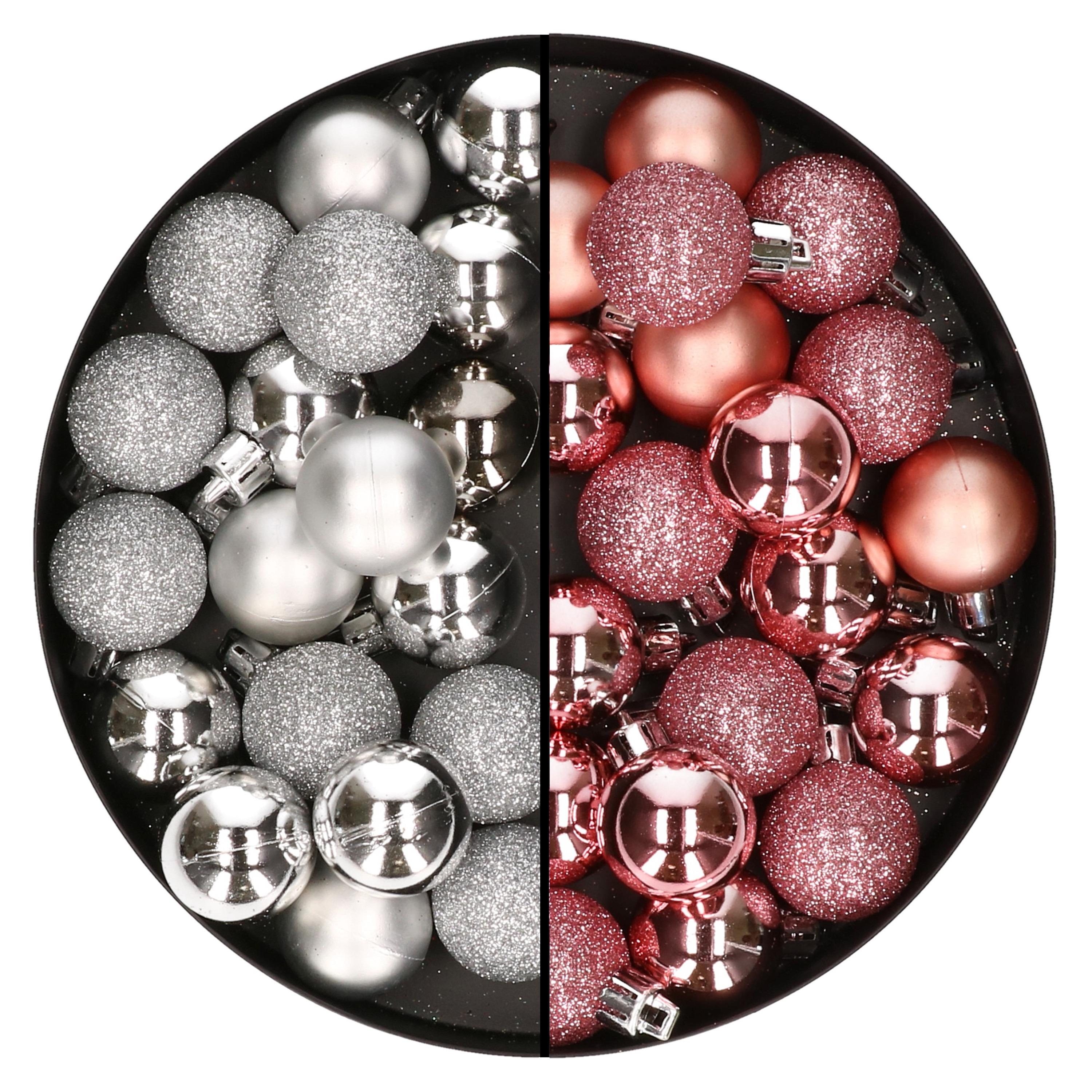 40x stuks kleine kunststof kerstballen roze en zilver 3 cm