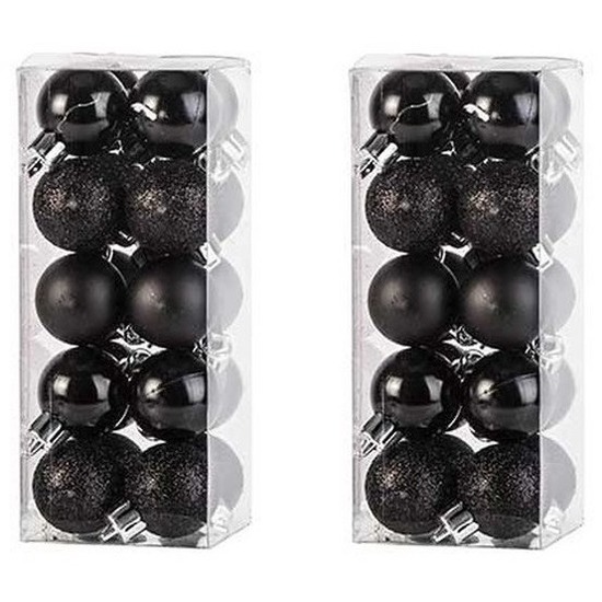 40x Zwarte kerstballen 3 cm glanzende-matte-glitters kunststof-plastic kerstversiering