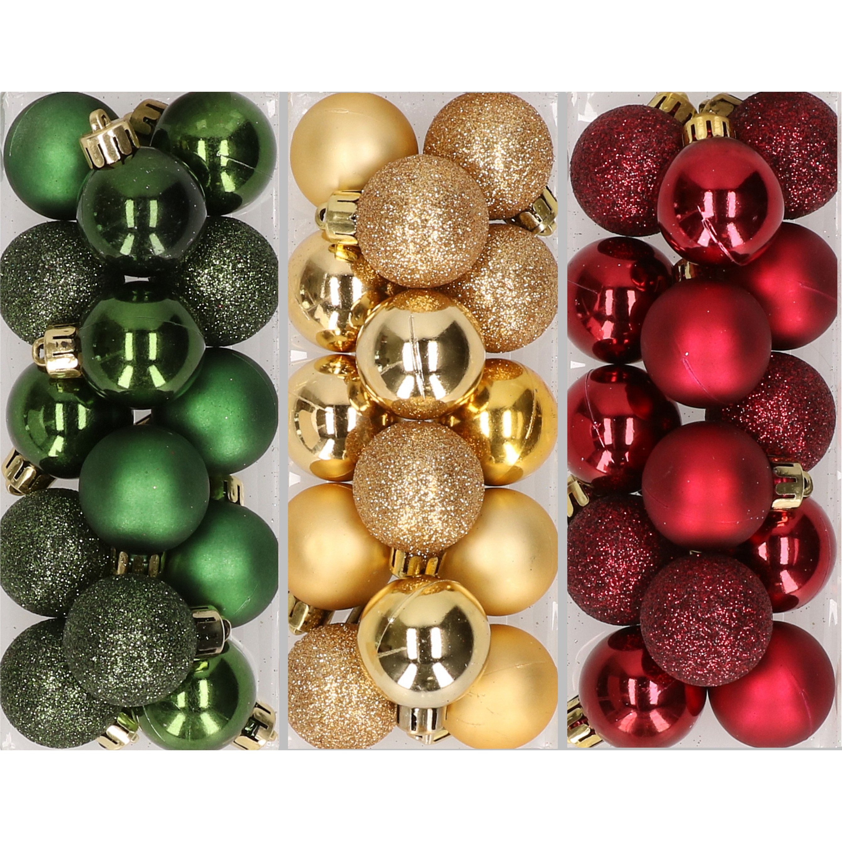 42x stuks kleine kunststof kerstballen goud, bordeaux rood en dennengroen 3 cm