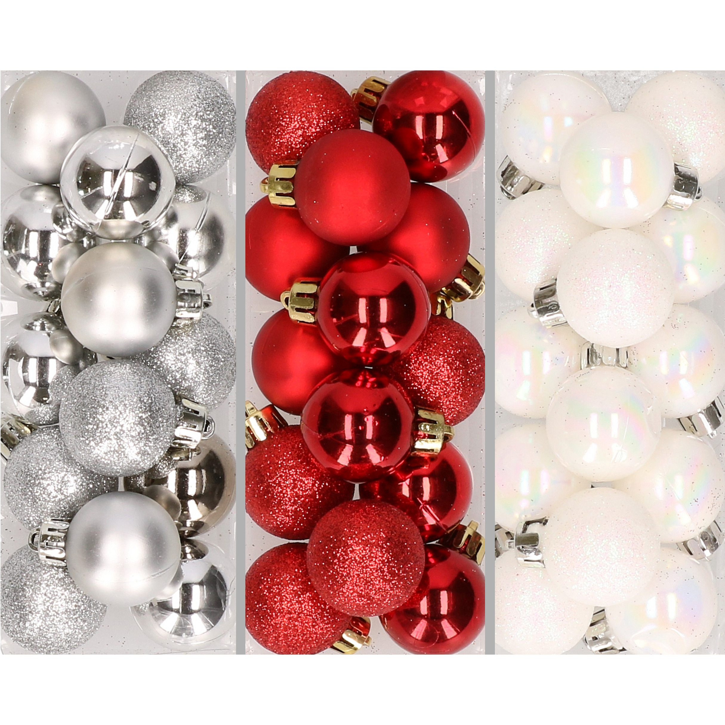 42x stuks kleine kunststof kerstballen rood, wit en zilver 3 cm