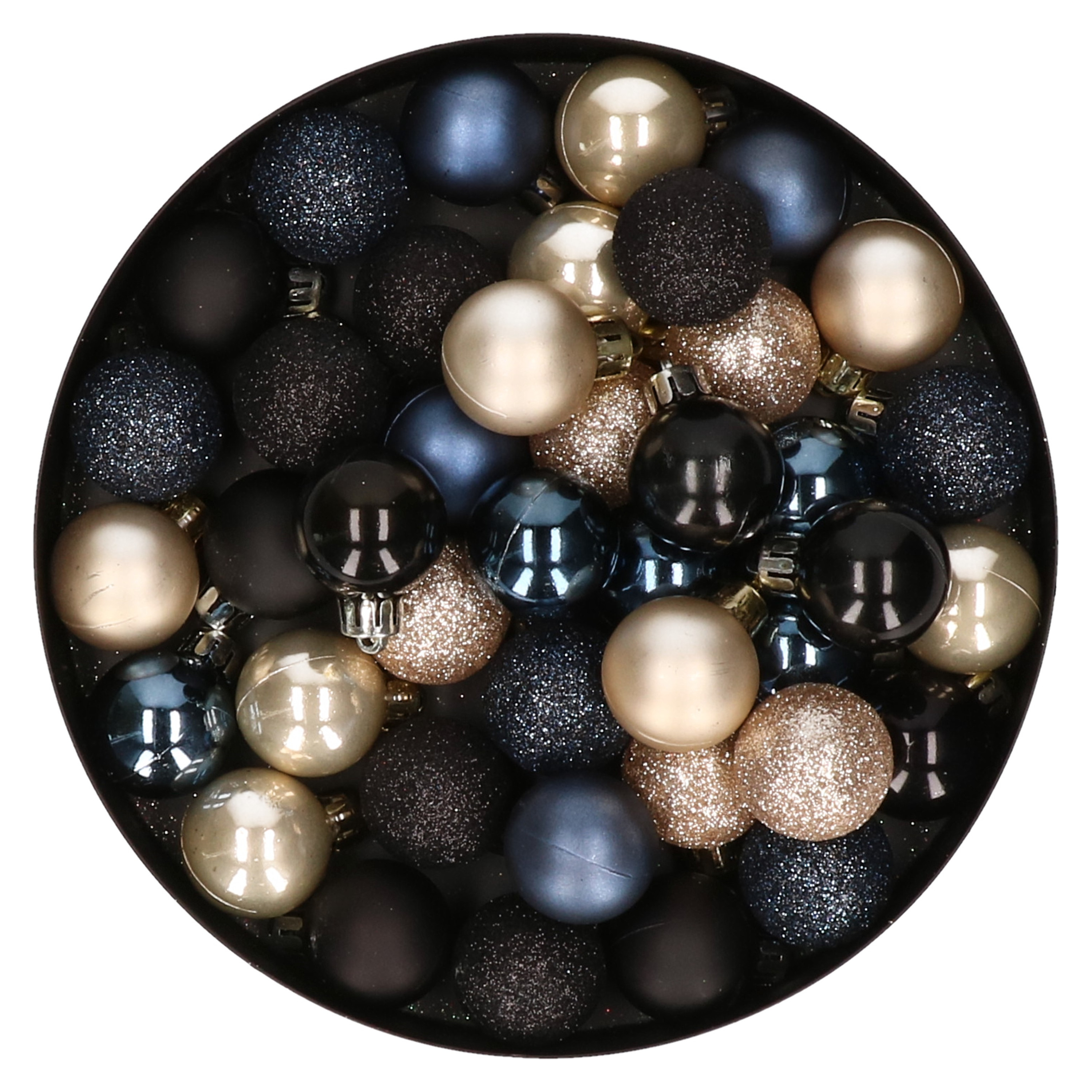 42x stuks kunststof kerstballen donkerblauw, champagne en zwart mix 3 cm