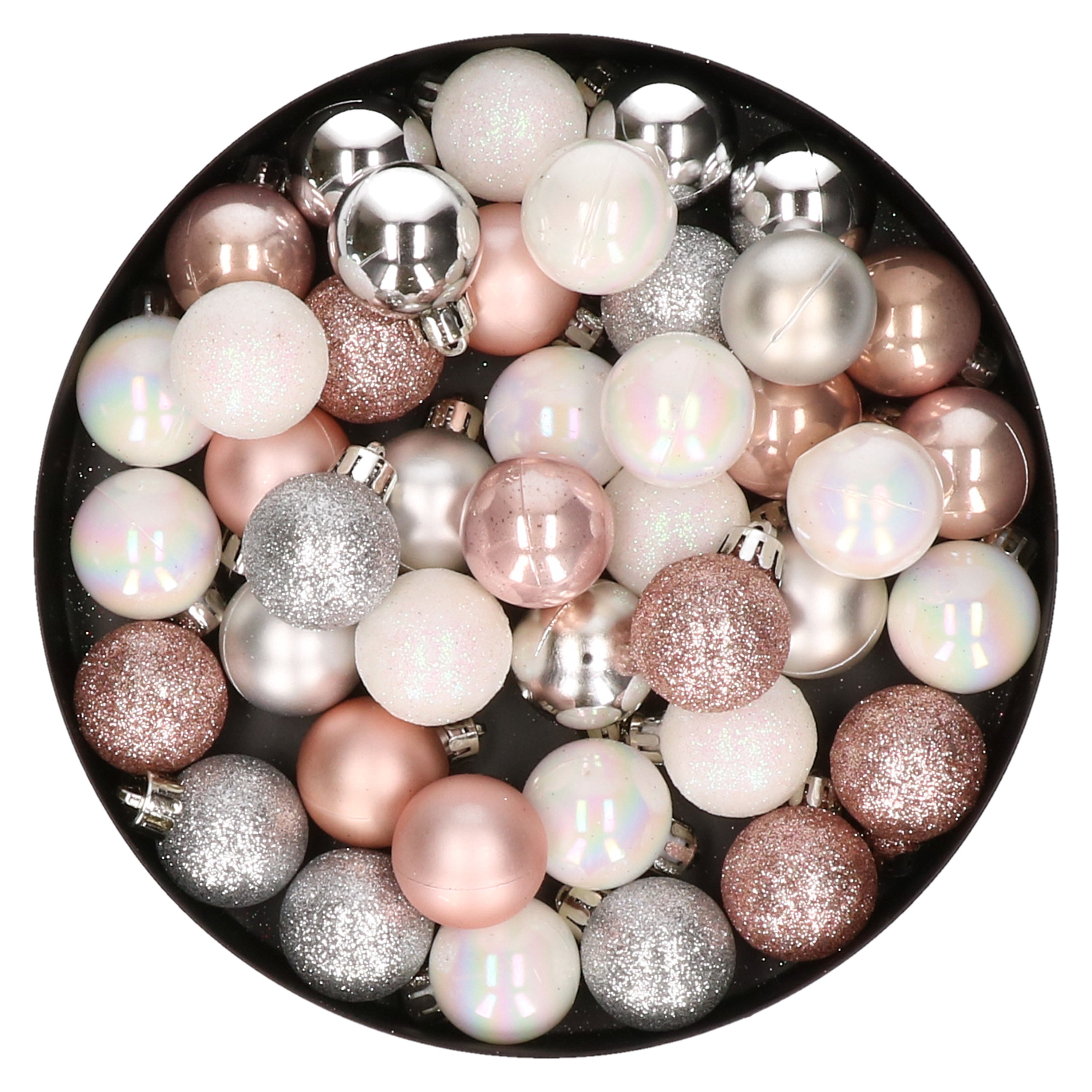 42x stuks kunststof kerstballen lichtroze, parelmoer wit en zilver mix 3 cm