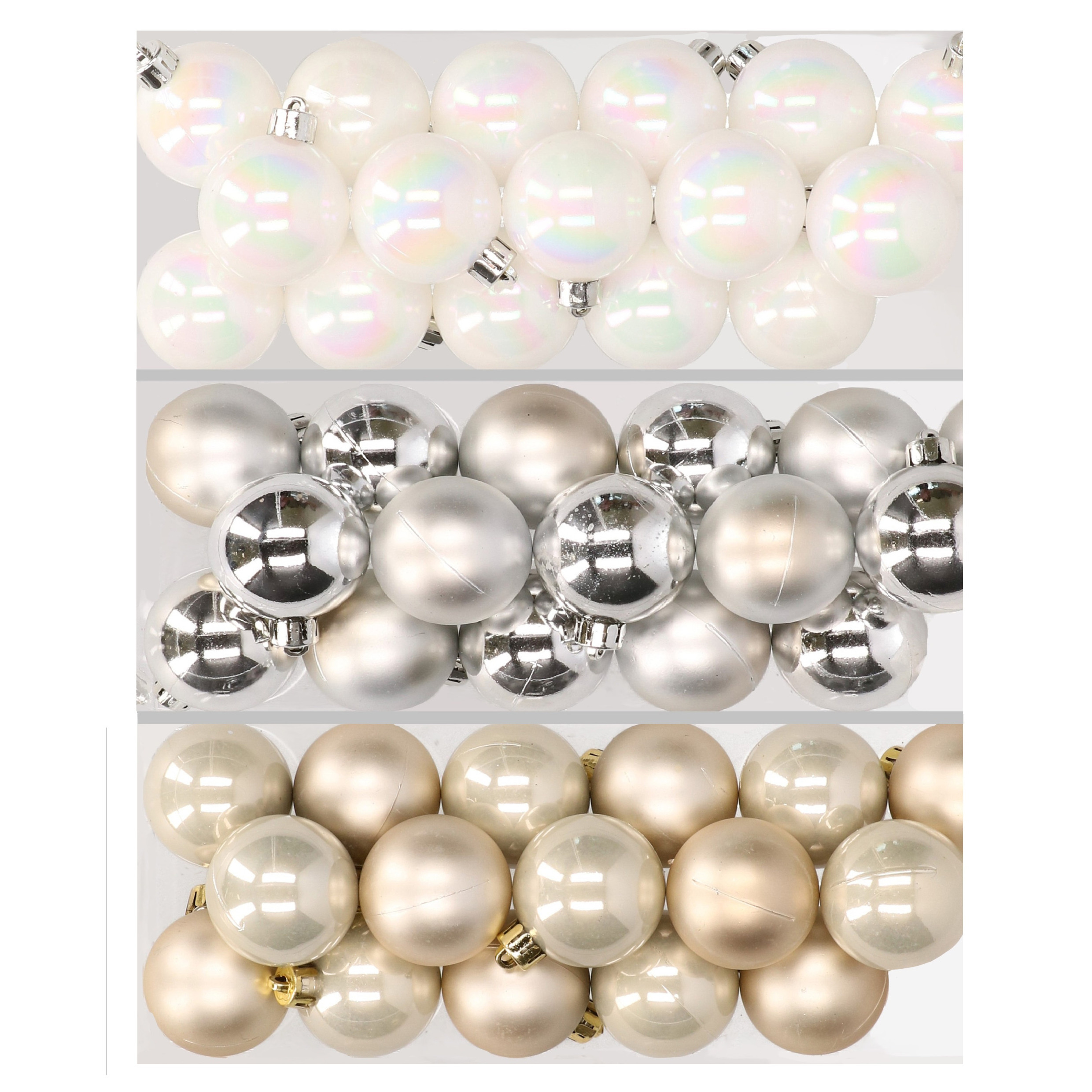 48x stuks kunststof kerstballen mix van parelmoer wit, zilver en champagne 4 cm