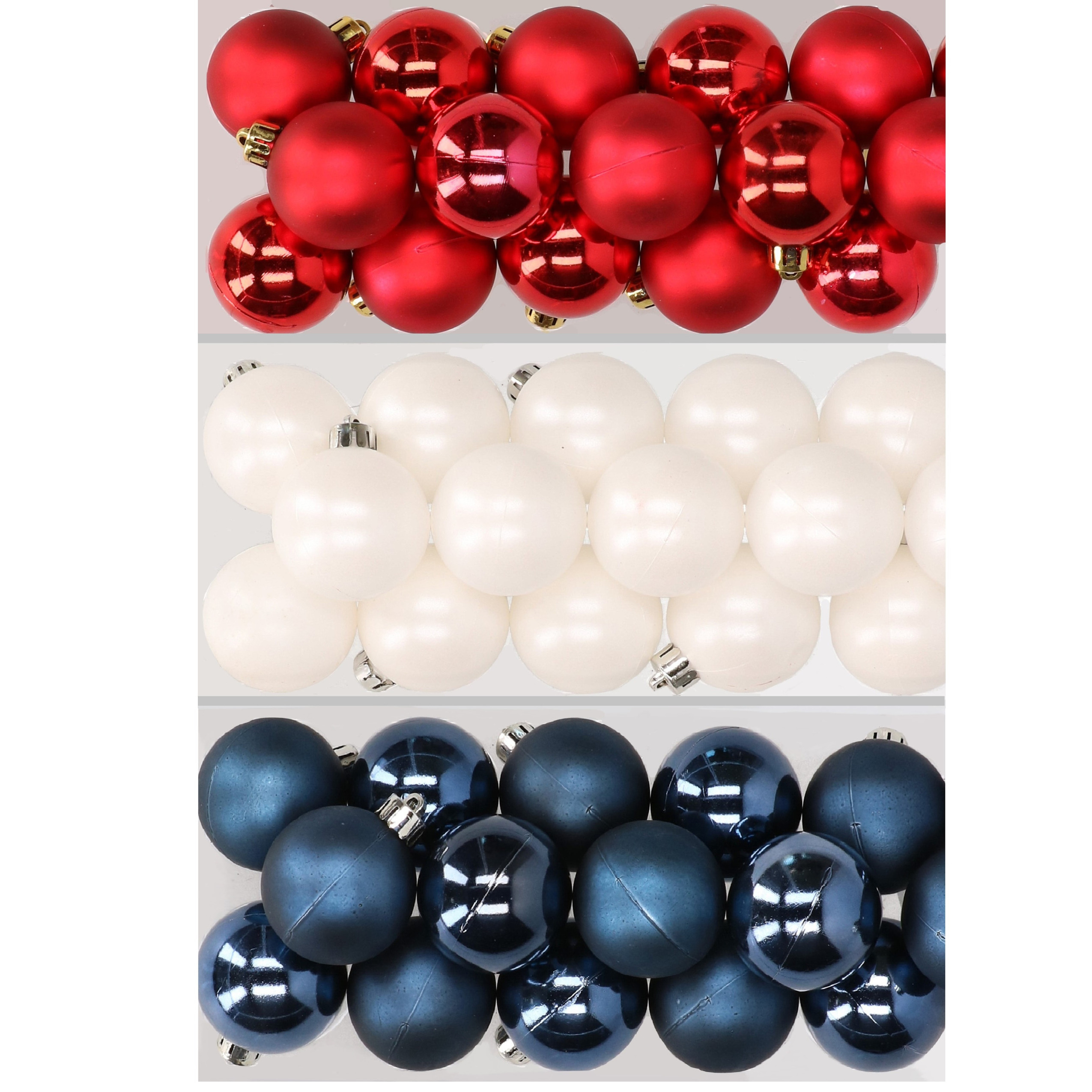 48x stuks kunststof kerstballen mix van rood, wit en donkerblauw 4 cm