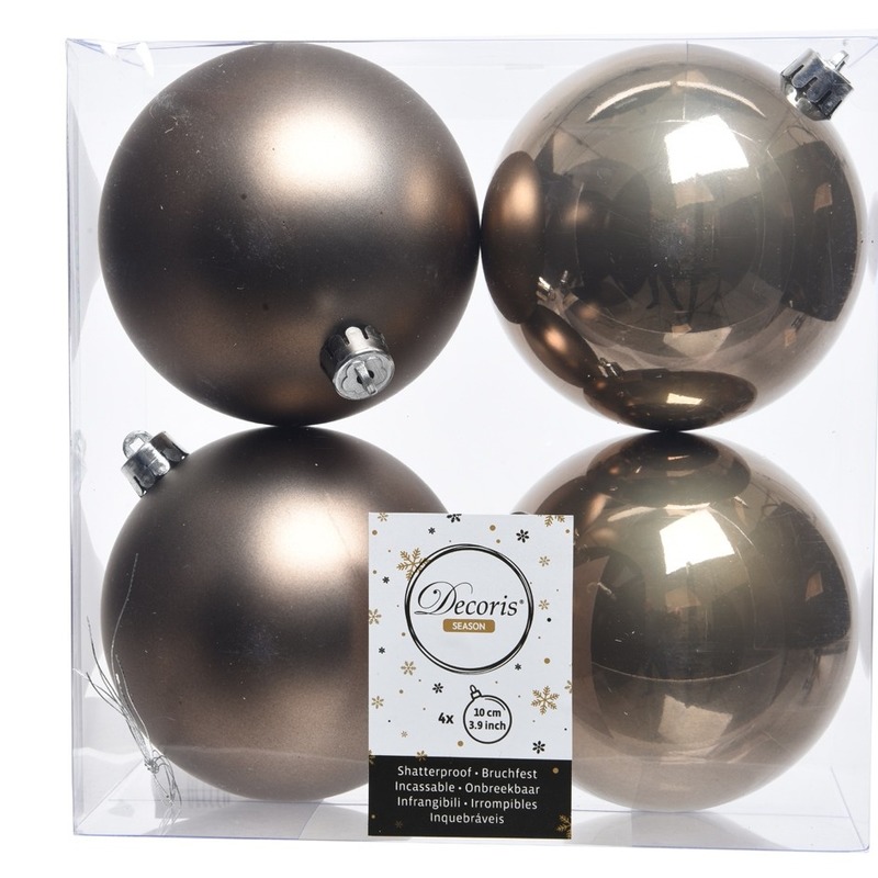 4x Kasjmier bruine kerstballen 10 cm glanzende-matte kunststof-plastic kerstversiering