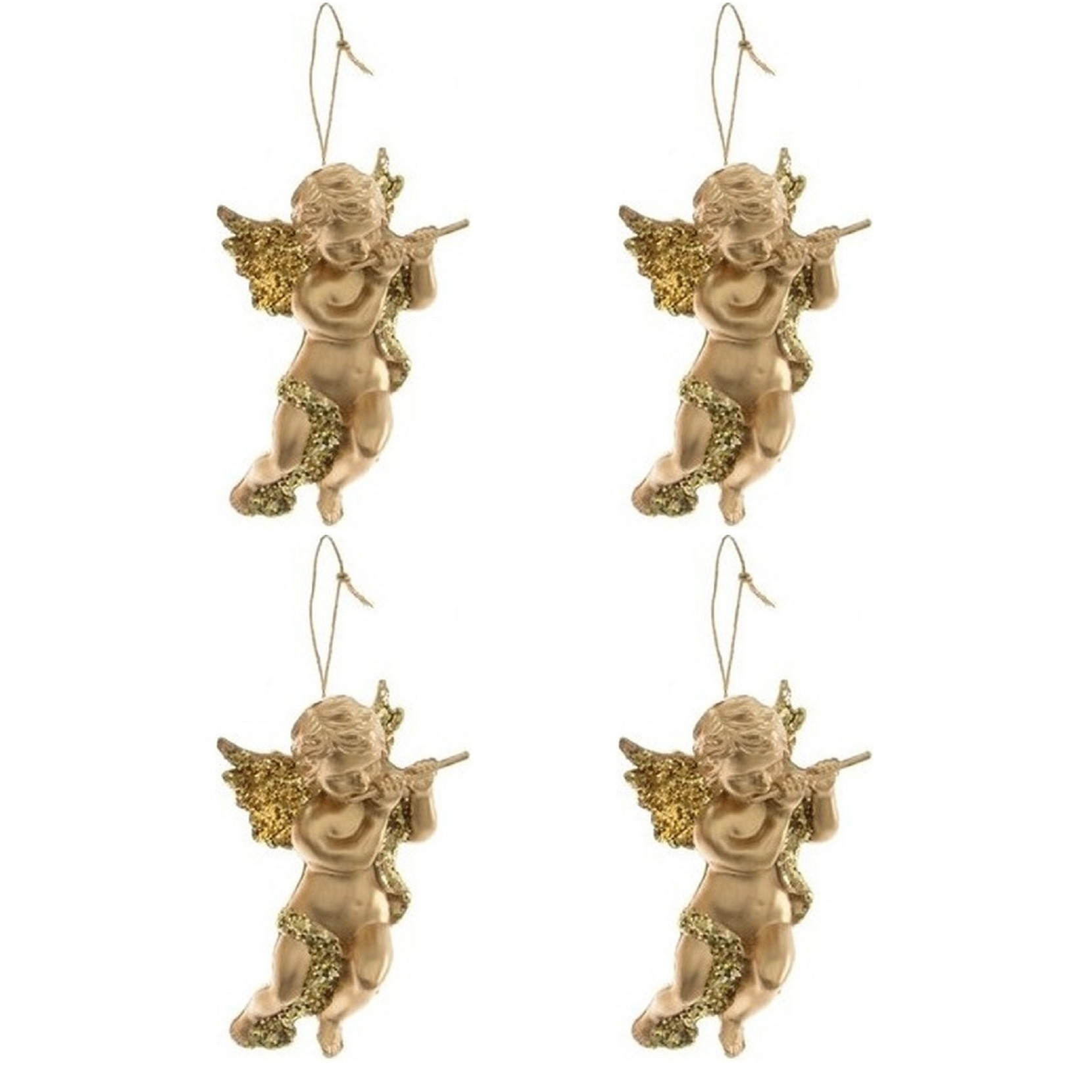 4x Kerstboomhanger-Kersthanger gouden engelen met dwarsfluit 10 cm