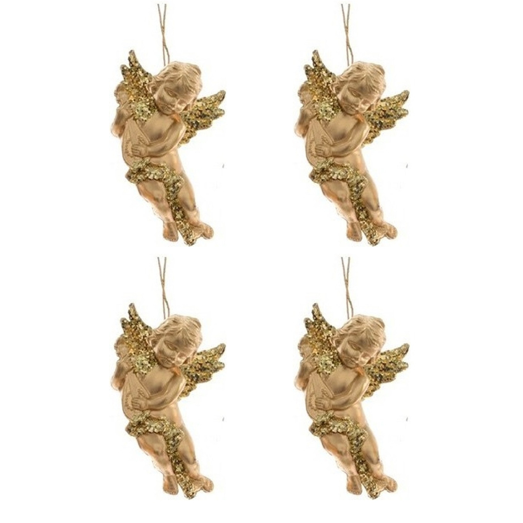 4x Kerstboomhanger-Kersthanger gouden engelen met lute 10 cm