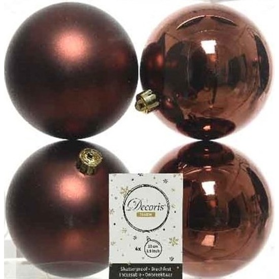 4x Mahonie bruine kerstballen 10 cm glanzende-matte kunststof-plastic kerstversiering