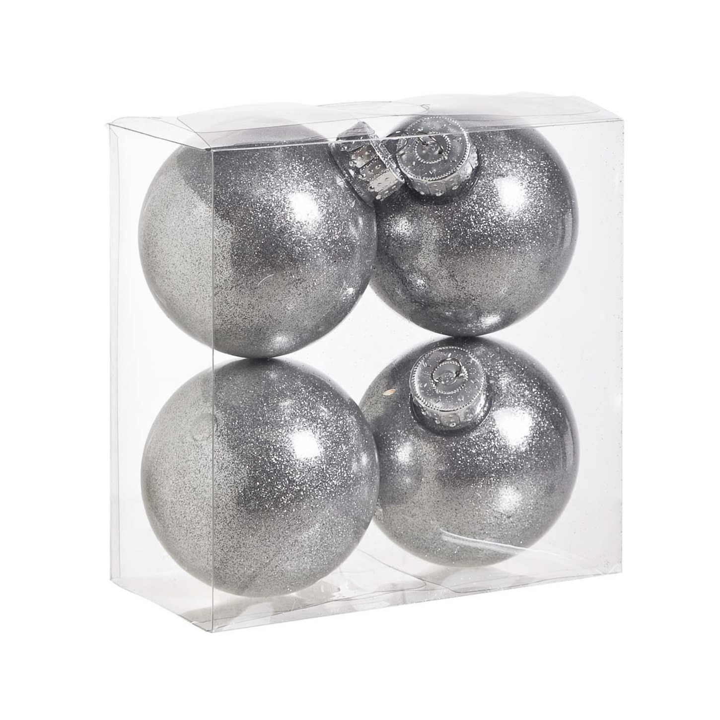 4x stuks kunststof kerstballen met glitter afwerking zilver 8 cm