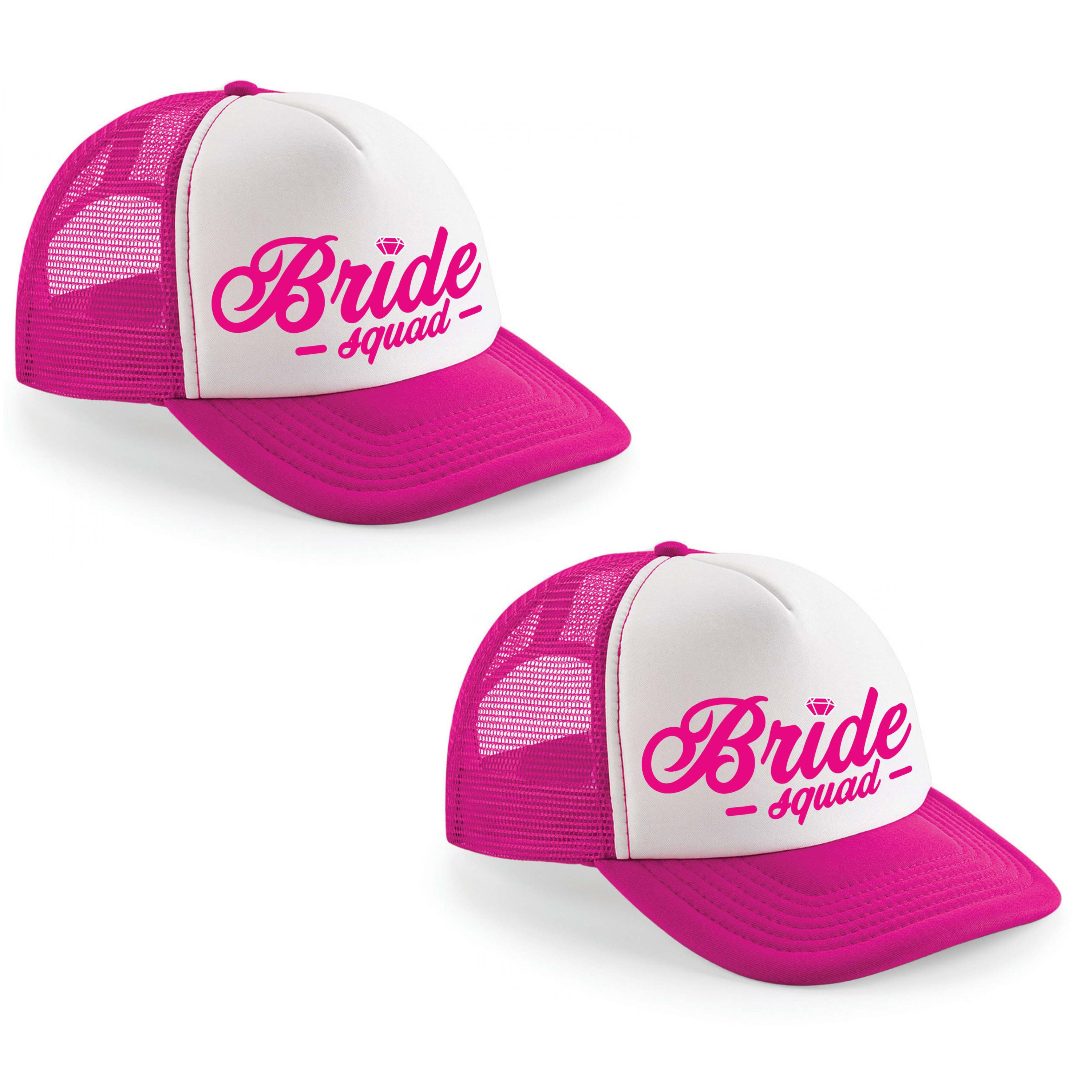 4x stuks roze fuchsia/ wit Bride Squad script snapback cap/ truckers pet dames - Vrijgezellenfeest