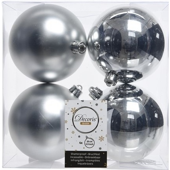 4x Zilveren kerstballen 10 cm glanzende-matte kunststof-plastic kerstversiering