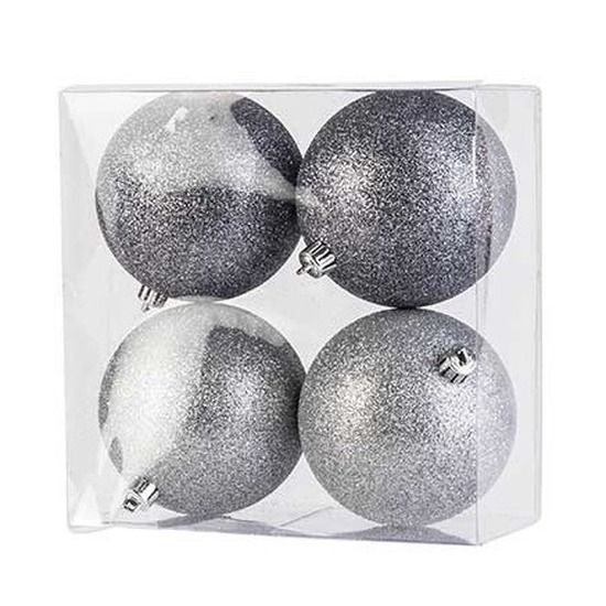 4x Zilveren kerstballen 10 cm glitter kunststof-plastic kerstversiering