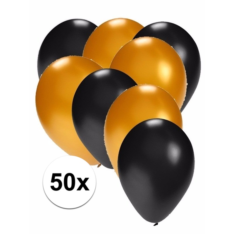 50x ballonnen - 27 cm - zwart / goud versiering