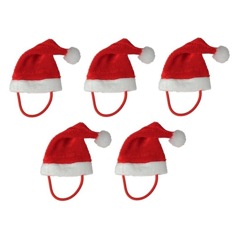 5x Mini kerstmutsen met bandje voor mini knuffeldieren of kleine poppen