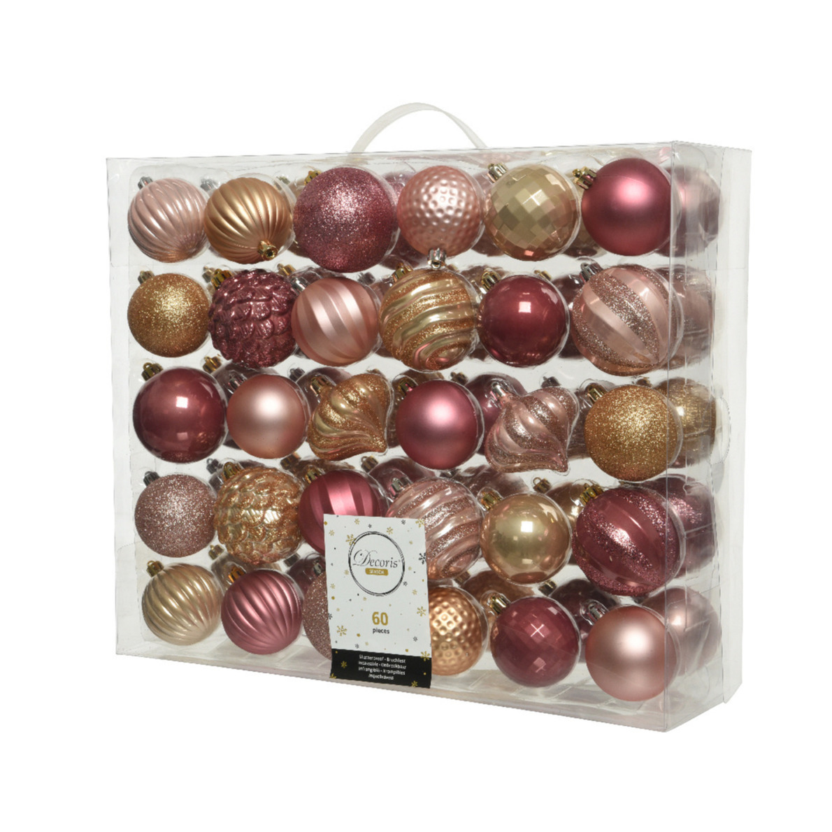 60x stuks kunststof kerstballen roze-bruin mix 6 en 7 cm