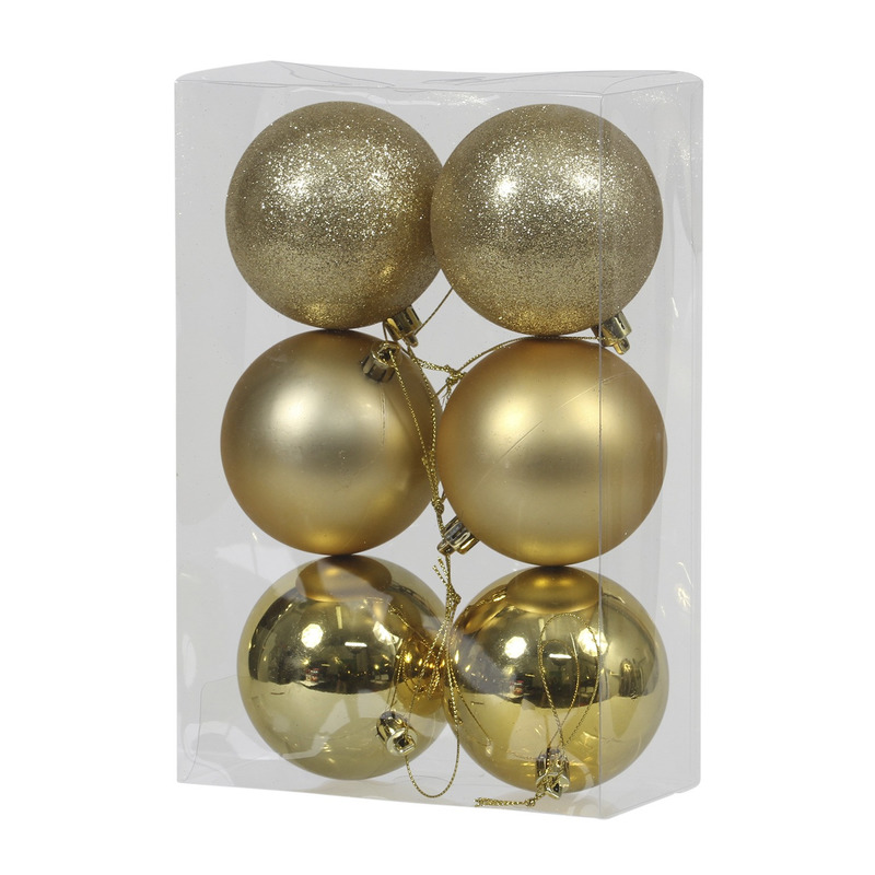 6x Gouden kunststof kerstballen 8 cm glans-mat-glitter