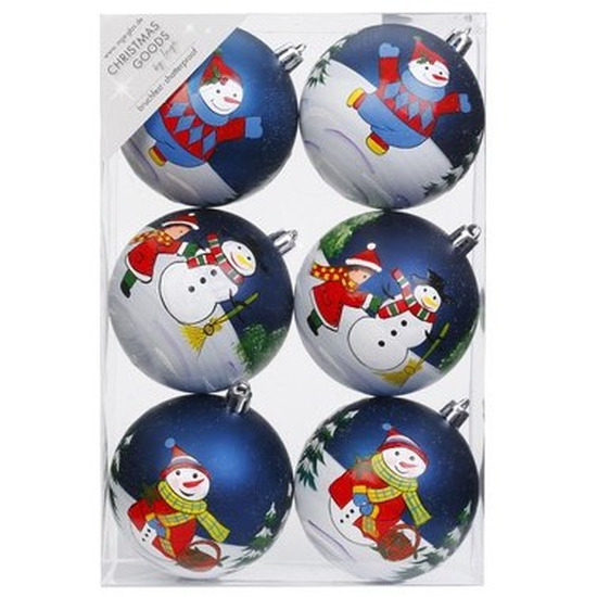6x Kerstballen blauw met print 8 cm voor kinderen