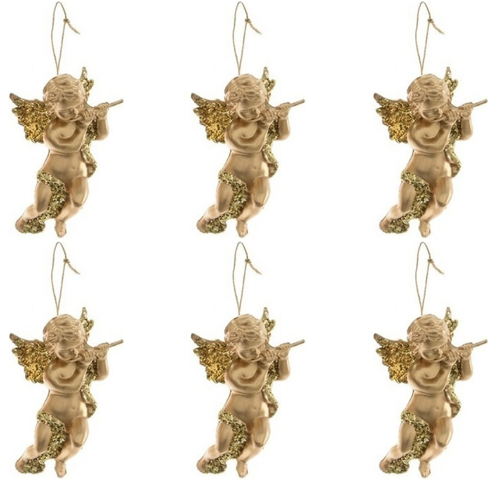 6x Kerstboomhanger-Kersthanger gouden engelen met dwarsfluit 10 cm
