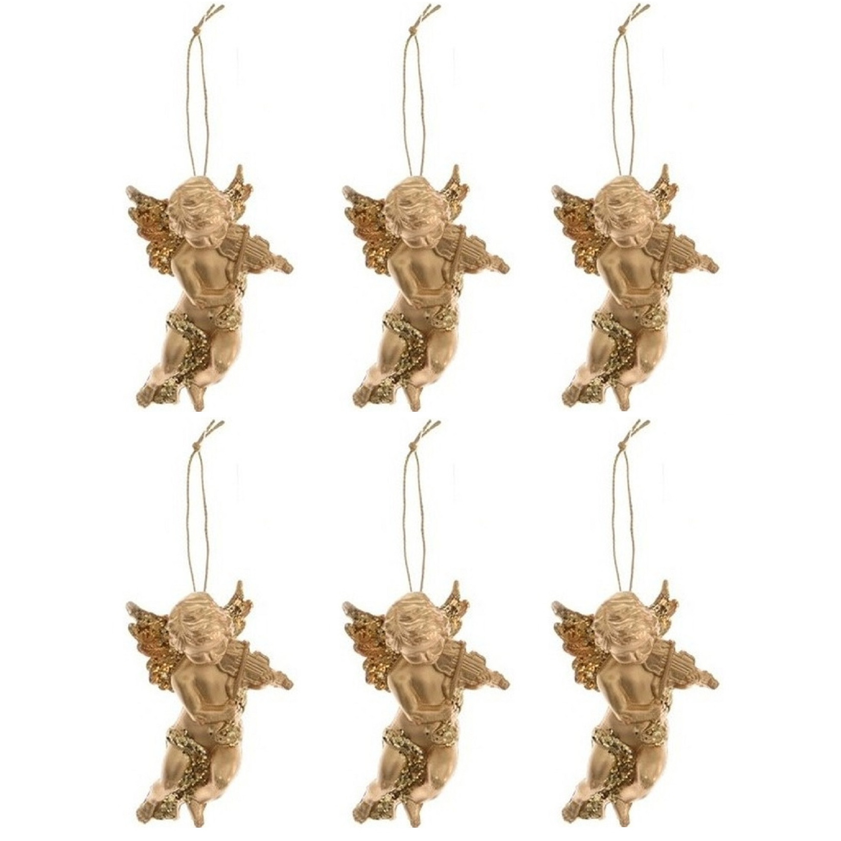 6x Kerstboomhanger-Kersthanger gouden engelen met viool 10 cm