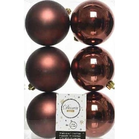 6x Mahonie bruine kerstballen 8 cm glanzende-matte kunststof-plastic kerstversiering