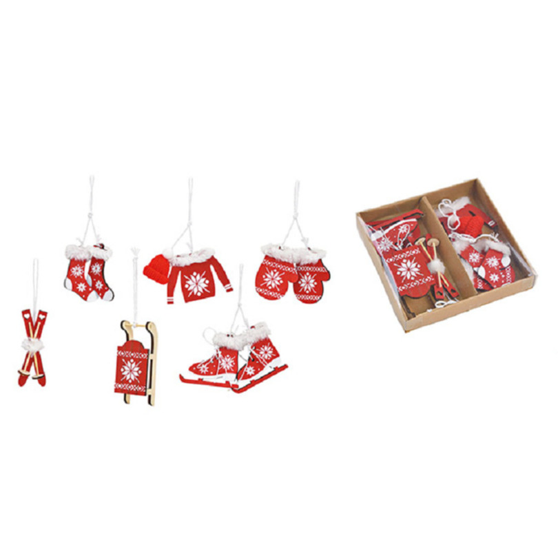 6x stuks houten kersthangers rood-wit wintersport thema kerstboomversiering