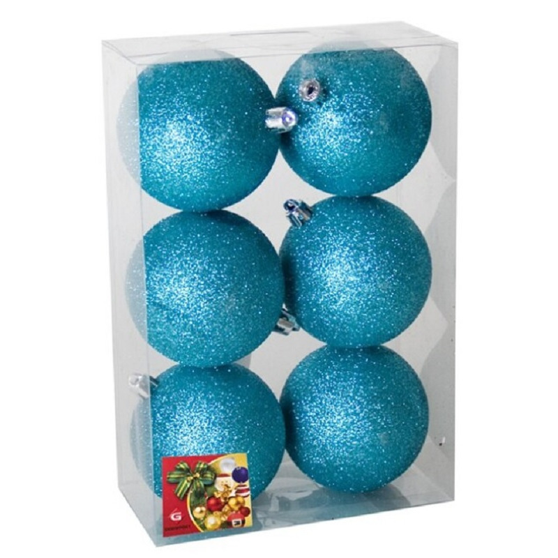 6x stuks kerstballen ijsblauw glitters kunststof 8 cm