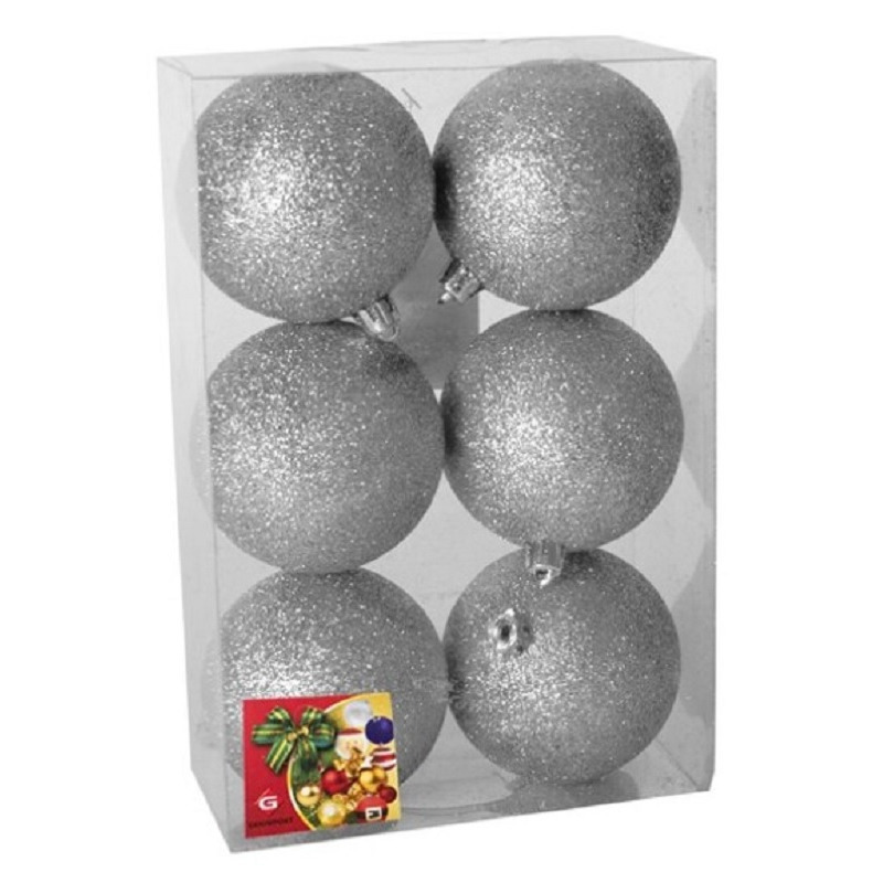 6x stuks kerstballen zilver glitters kunststof 8 cm