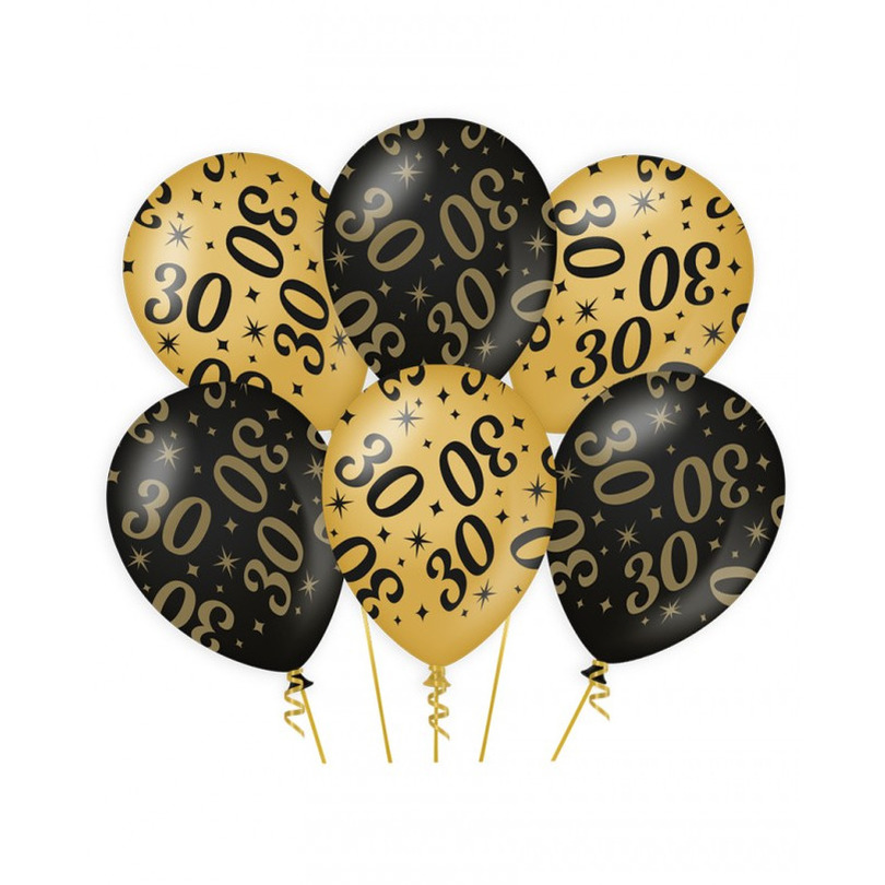 6x stuks leeftijd verjaardag feest ballonnen 30 jaar geworden zwart-goud 30 cm