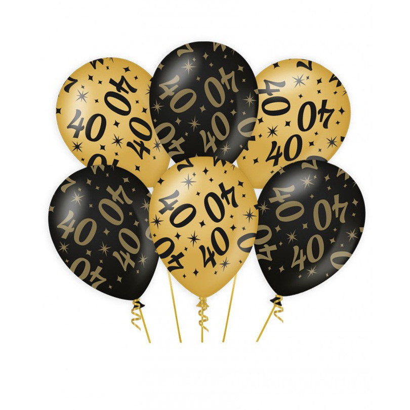 6x stuks leeftijd verjaardag feest ballonnen 40 jaar geworden zwart-goud 30 cm