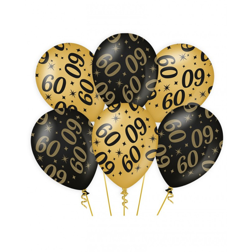 6x stuks leeftijd verjaardag feest ballonnen 60 jaar geworden zwart-goud 30 cm